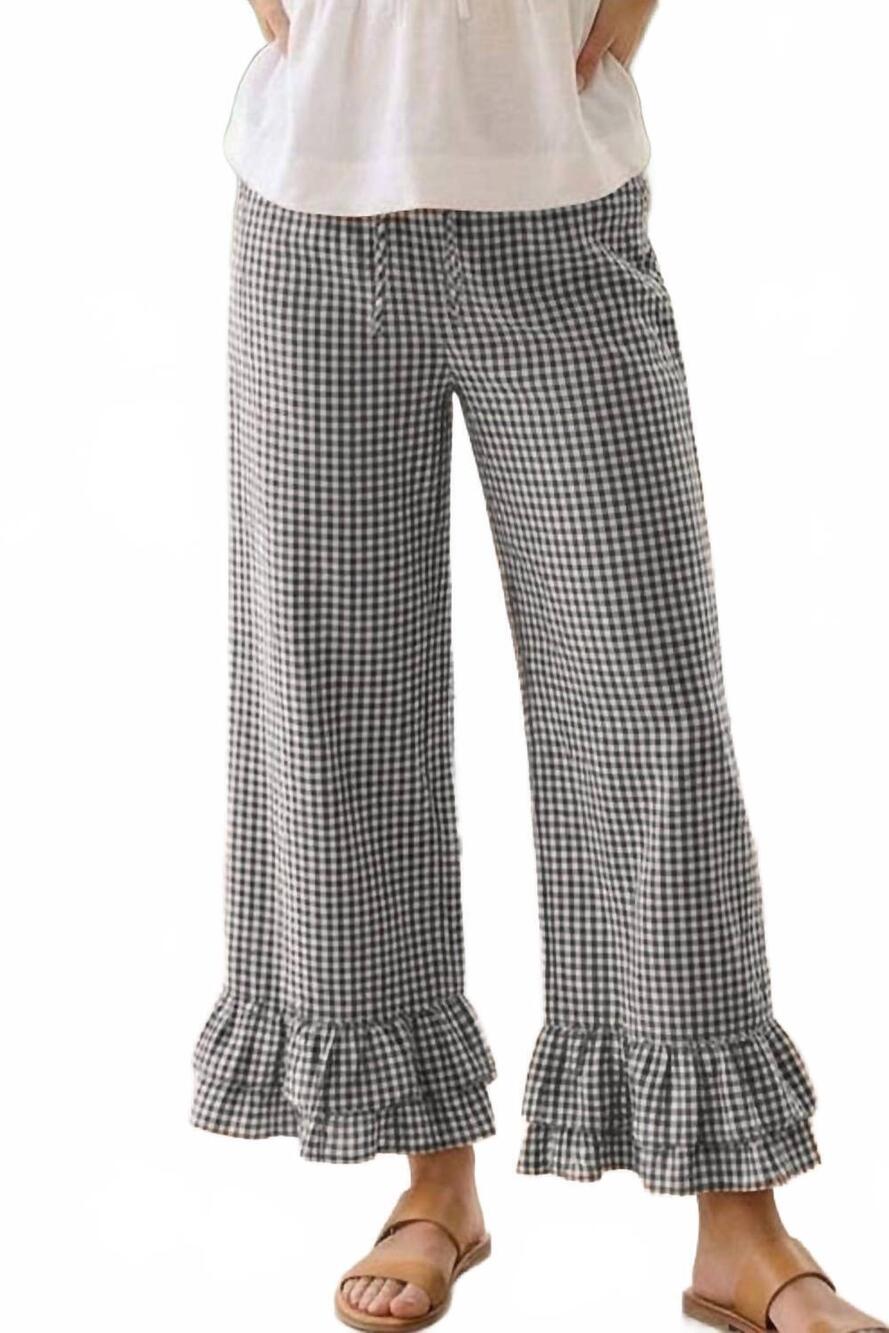 NEW VINE & LOVE gingham casual ruffled hem cropped pants in black